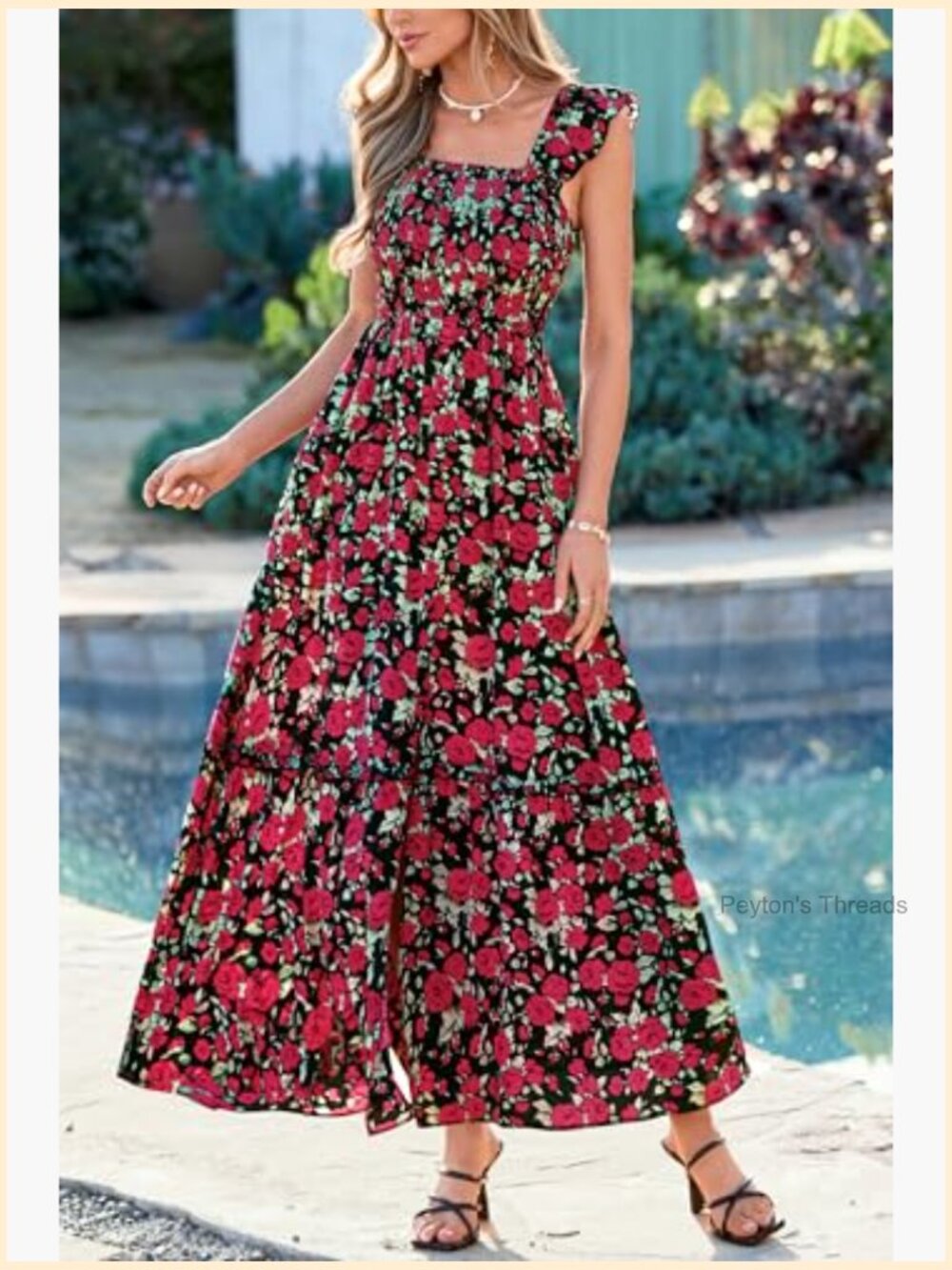 Womens Smocked Floral Ruffle Sleeve Slit Maxi Dress Boho Beach Sundress - Picture 4 of 7